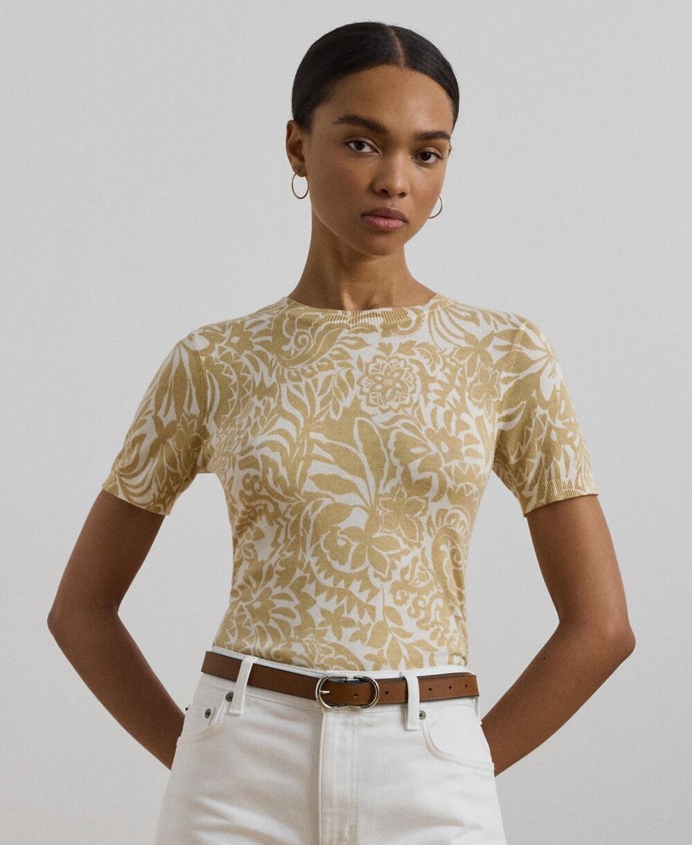 Lauren Ralph Lauren Floral Cotton-Blend Short-Sleeve Sweater Cream Size XXL 3368
